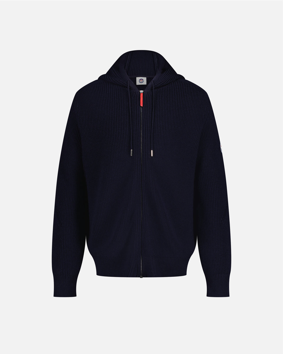 PULL MÉRINOS HOMME À CAPUCHE MARINE